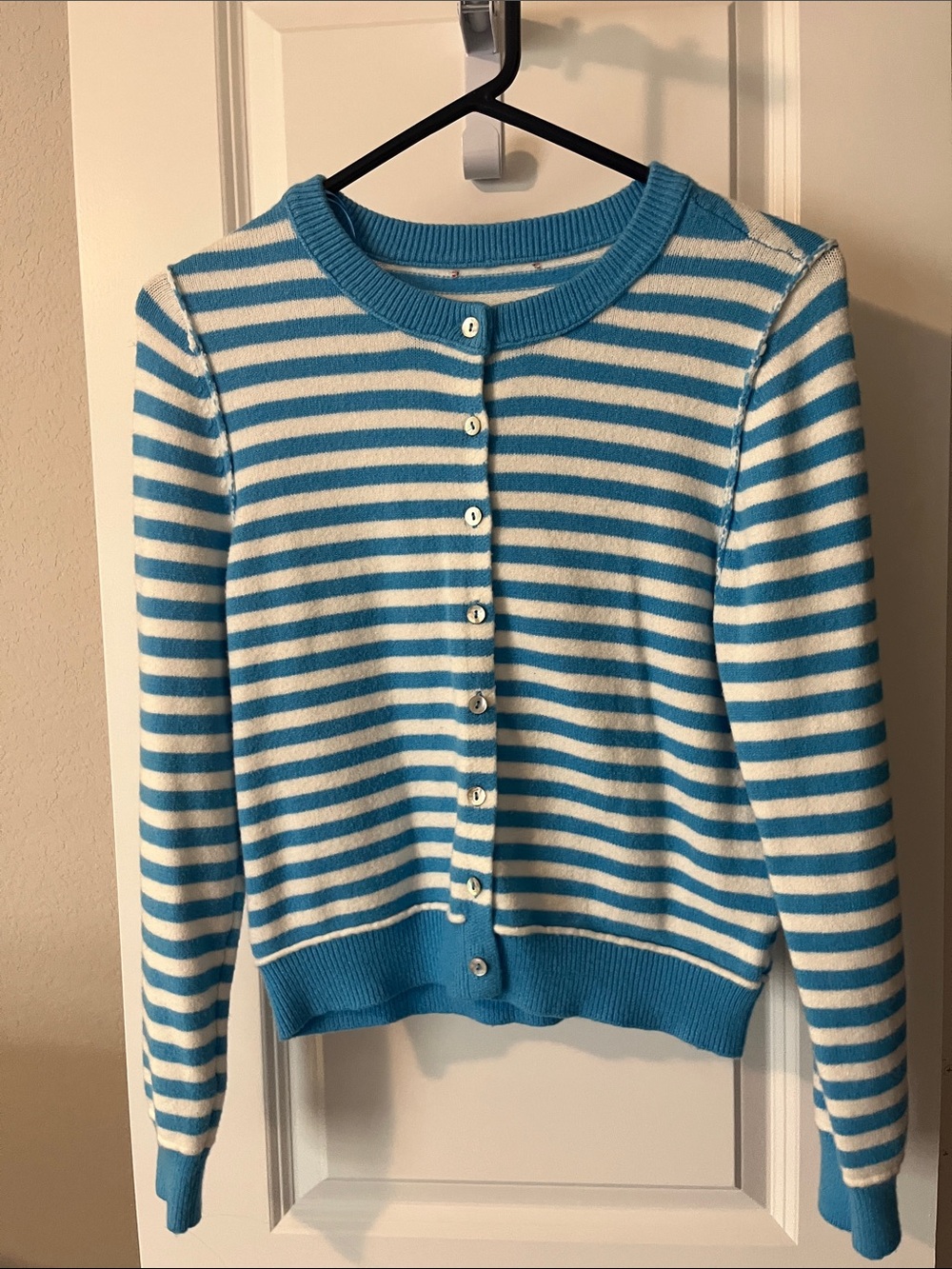 Women's Blue and White Stripe Button-Front Cardigan